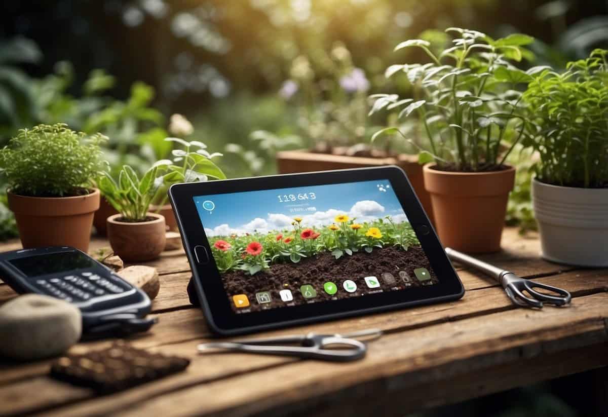 A digital tablet displays a gardening app with tools, plants, and a virtual garden. A smartphone nearby shows weather and soil data