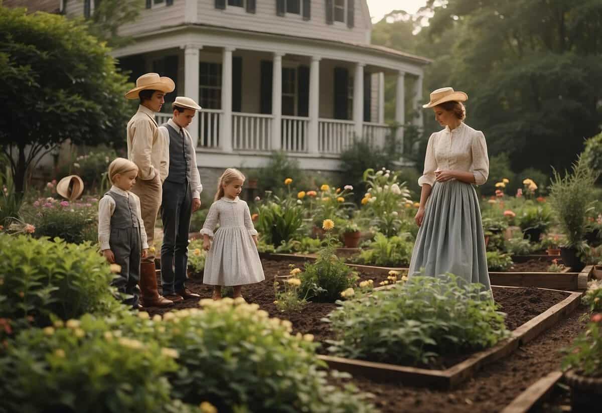 A colonial-era family tends to their garden, using the term "yard" to describe the space. The scene reflects the historical roots of the American term for a garden