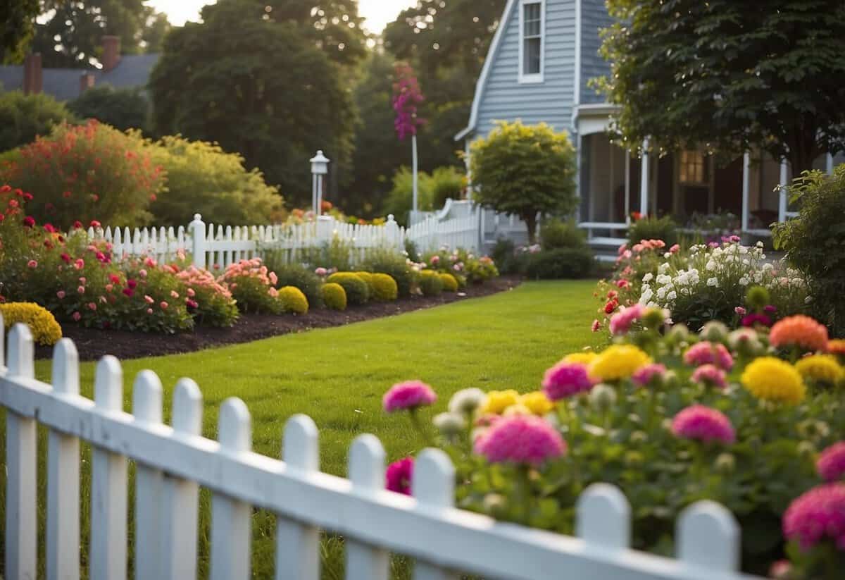 A well-maintained garden, with a neatly trimmed lawn and colorful flowers, surrounded by a white picket fence, symbolizing American cultural significance and usage