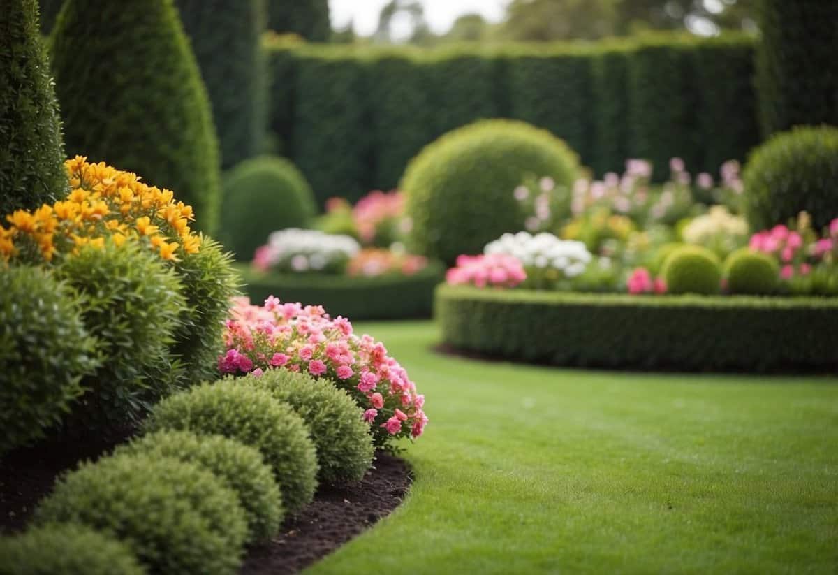 A lush garden with neatly trimmed hedges and colorful flowers, surrounded by a well-maintained yard with a manicured lawn and decorative landscaping features