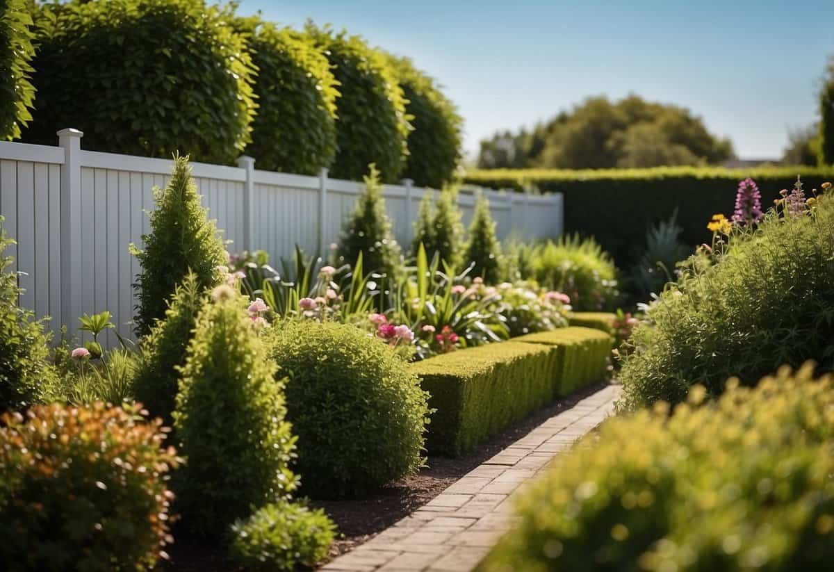 A lush garden with green plants, a variety of flowers, and a neatly trimmed lawn, surrounded by a fence or hedge, with a clear blue sky above