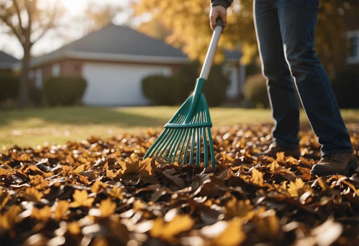 A person rakes leaves, their body moving and stretching as they work. Leaves pile up, creating a sense of accomplishment and a clean, tidy yard