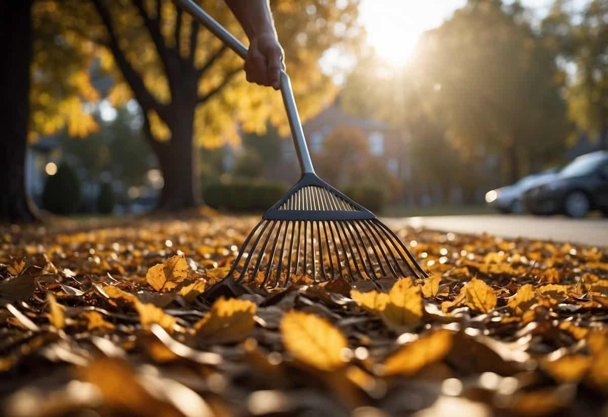 A person rakes leaves, using a steady back-and-forth motion. The sun shines down on the colorful foliage, creating a peaceful and serene atmosphere