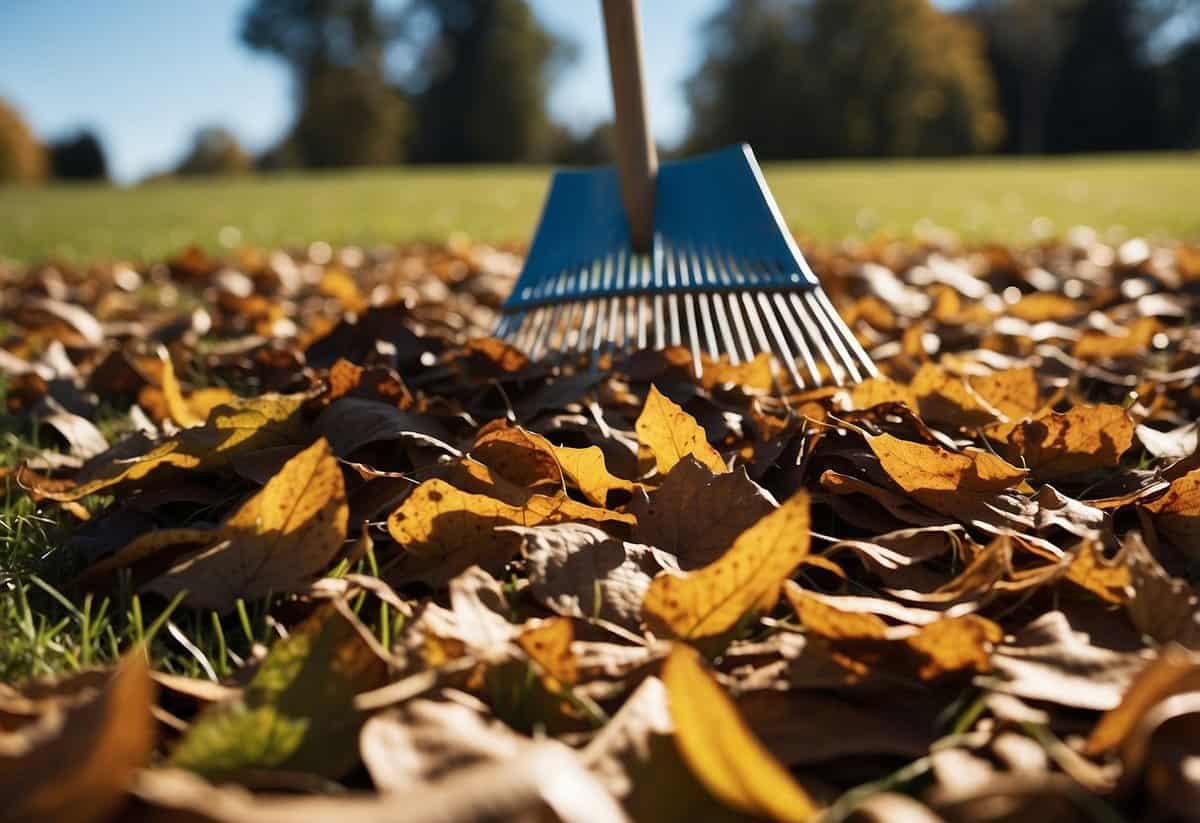 A pile of fallen leaves being raked into neat rows on a grassy lawn, with a bright blue sky and a few trees in the background