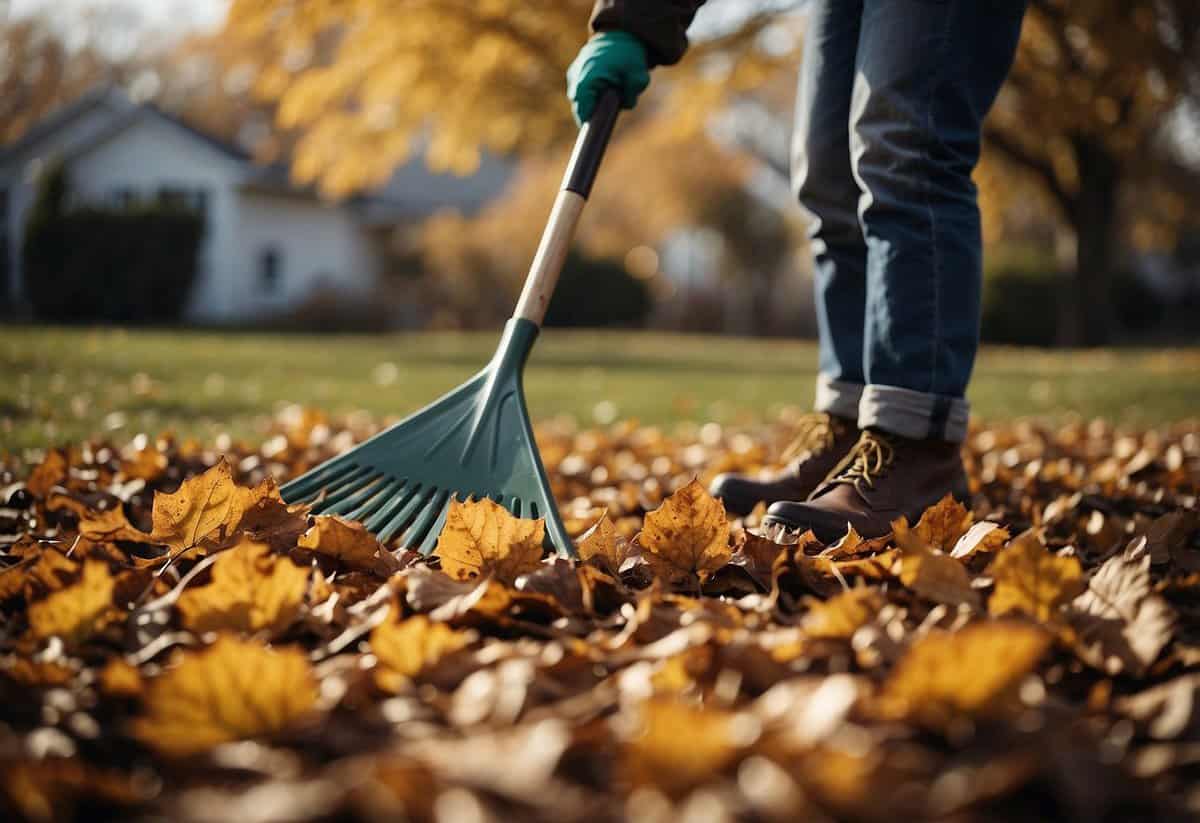 A person rakes leaves in a yard, surrounded by trees. A pile of leaves sits nearby. The person wears gloves and sturdy shoes