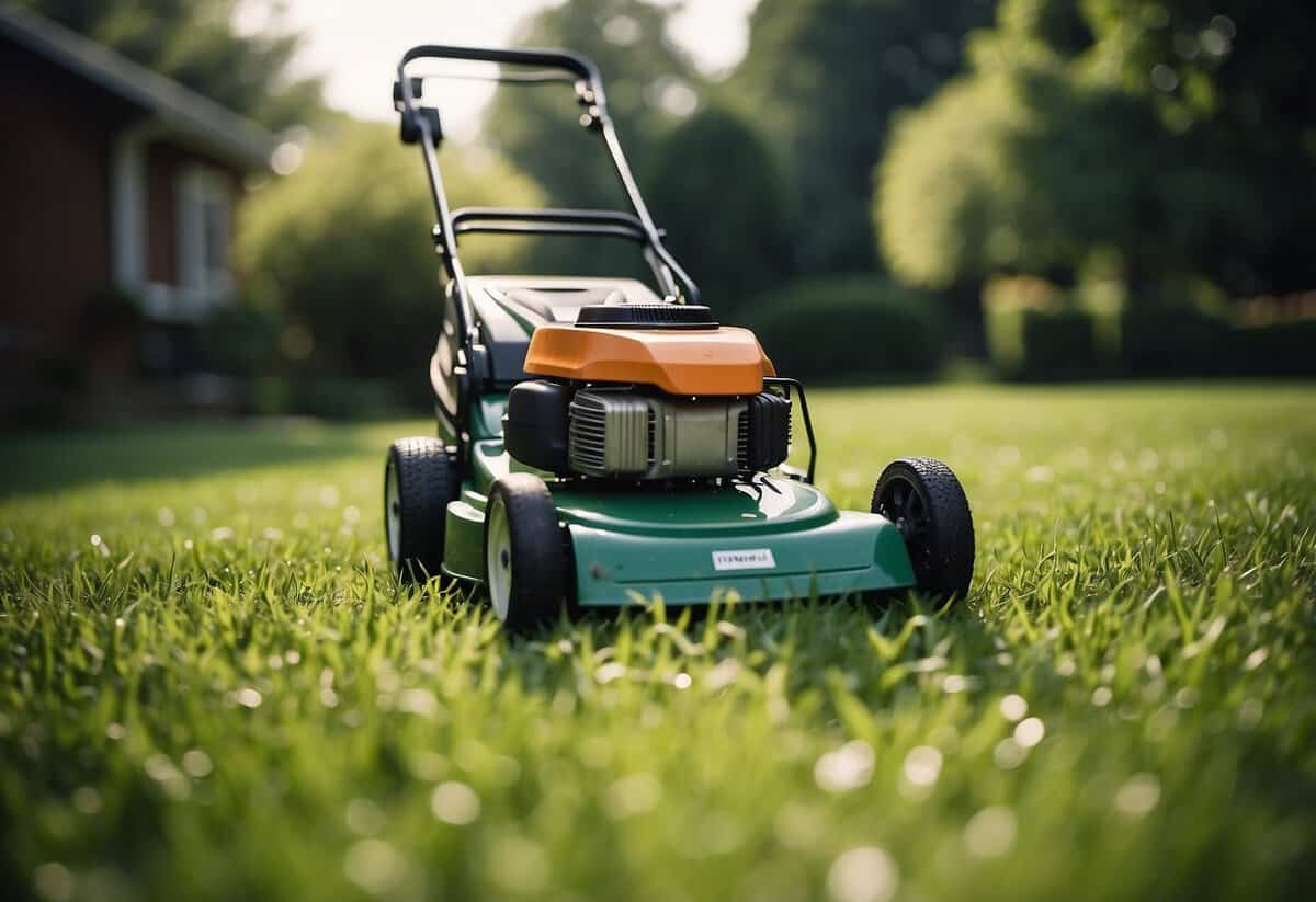 A lawnmower cutting grass in a yard, with grass clippings flying and the mower emitting exhaust