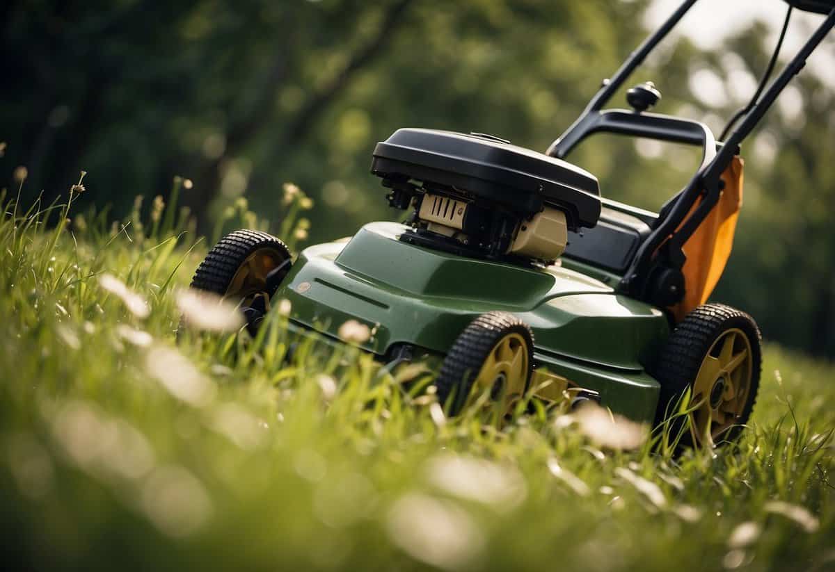 A lawnmower cuts through tall grass, emitting a low hum. Grass clippings fly out from the side, as the machine moves back and forth across the yard