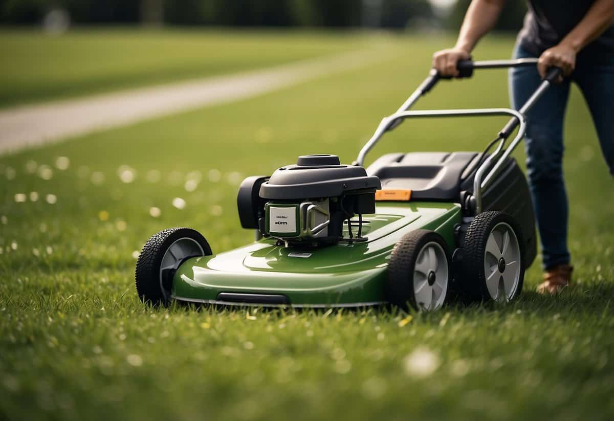 A person pushes a lawnmower across a green yard, grass clippings flying