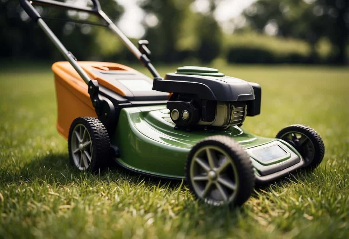 A lawnmower cutting grass with a calorie counter showing increasing numbers