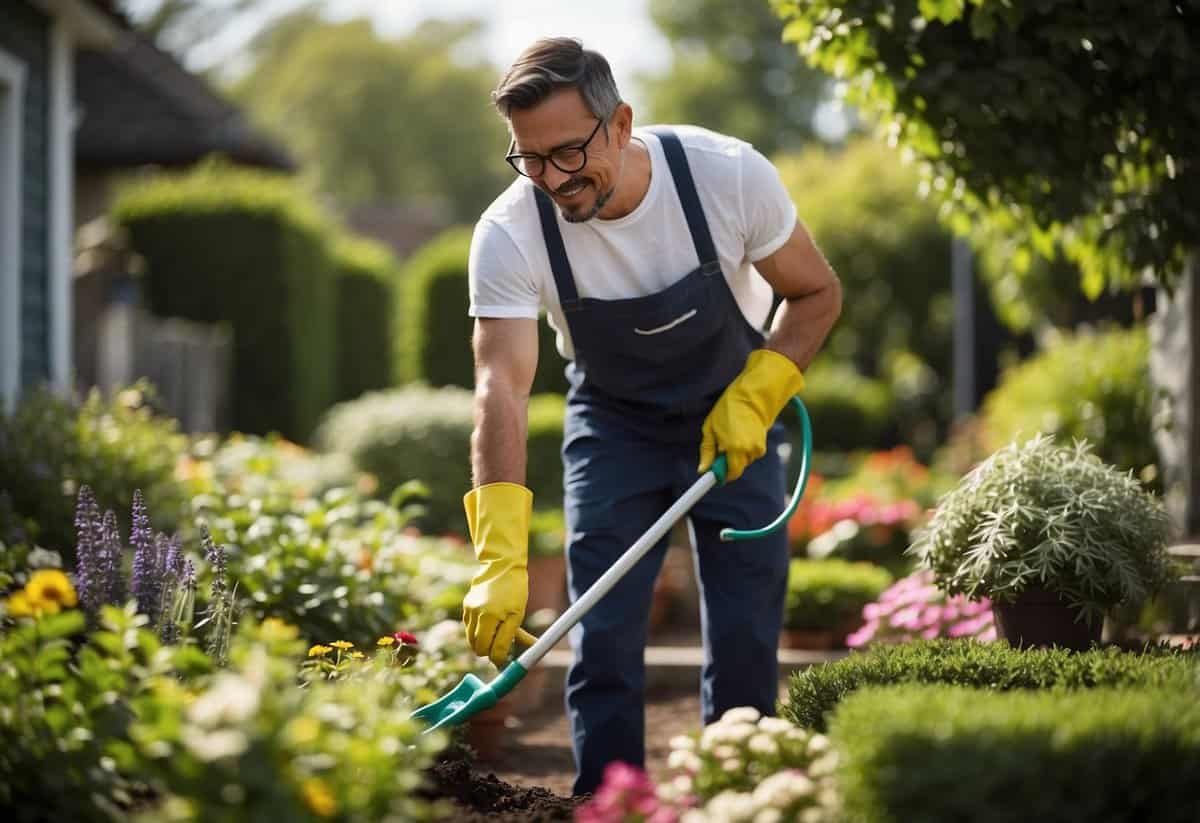 A person is vigorously cleaning and gardening, showing the physical benefits of housework and gardening as exercise