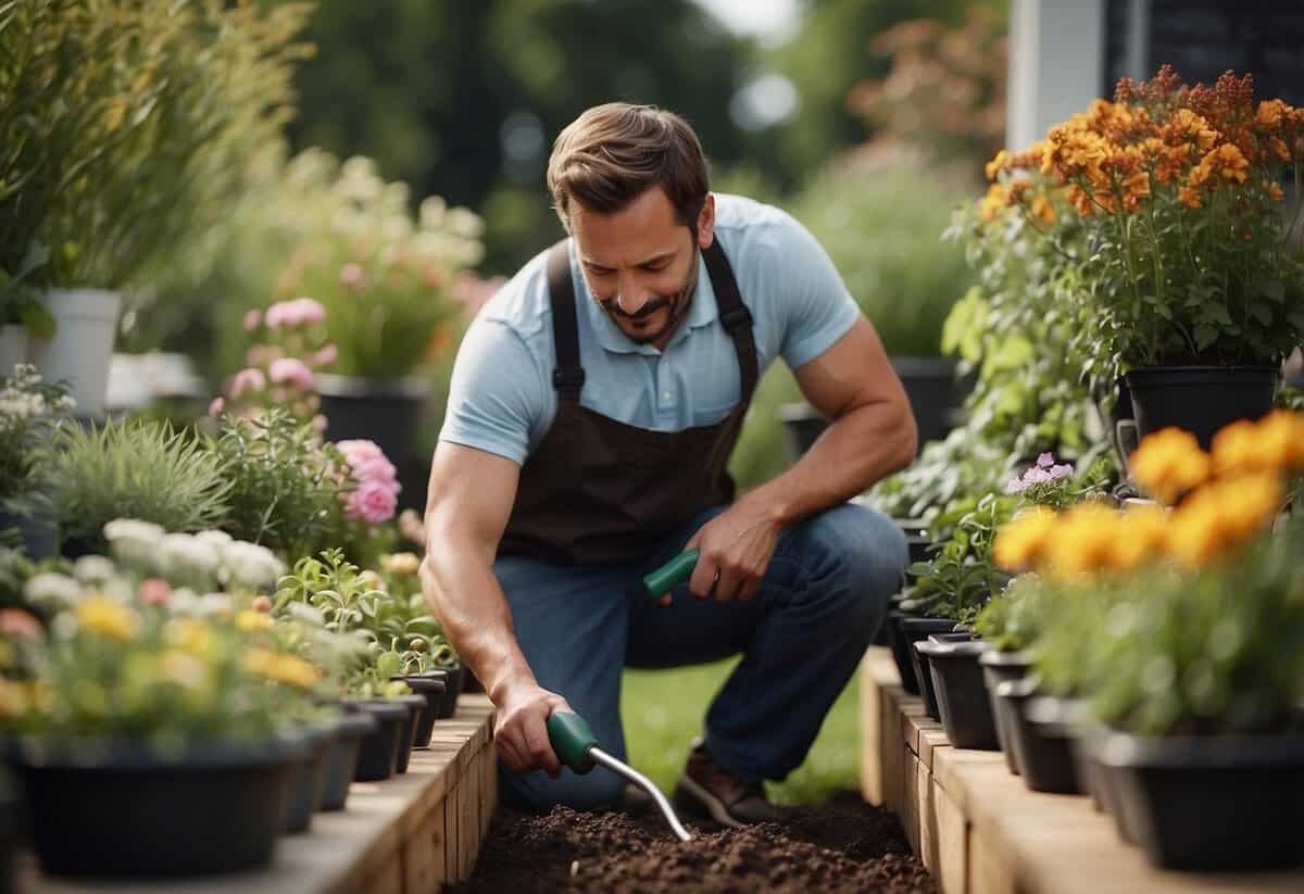 A person tending to a garden, lifting and carrying pots, digging, and raking, surrounded by plants and flowers