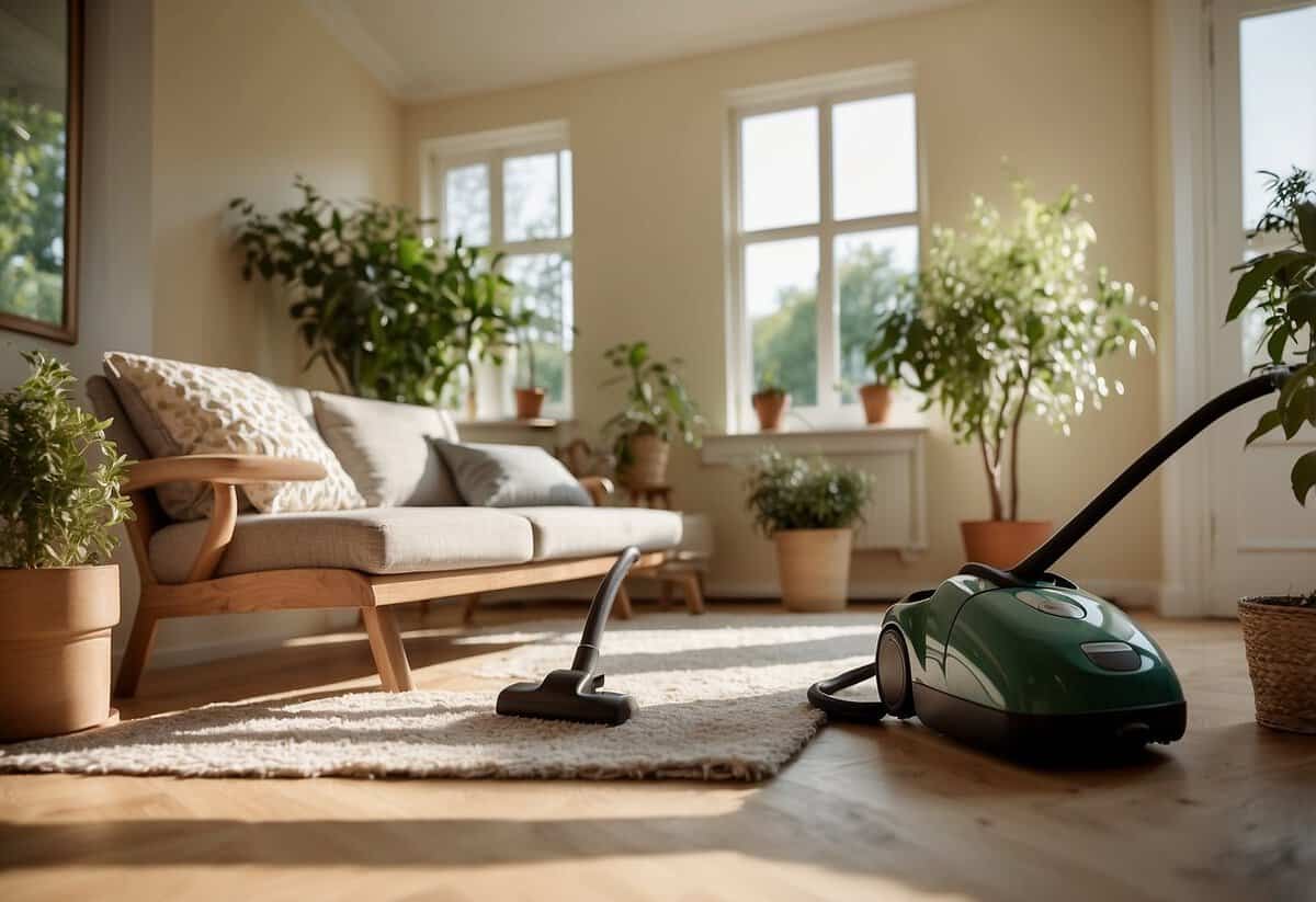 A tidy living room with a vacuum and duster, next to a sunny garden with a wheelbarrow and gardening tools