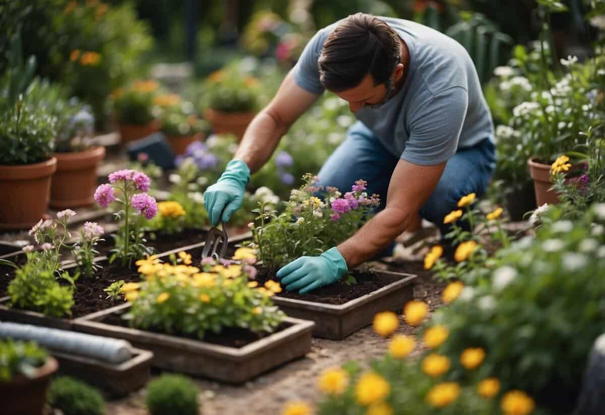 A person tending to a well-kept garden, surrounded by plants and flowers of various colors and shapes, with gardening tools scattered around