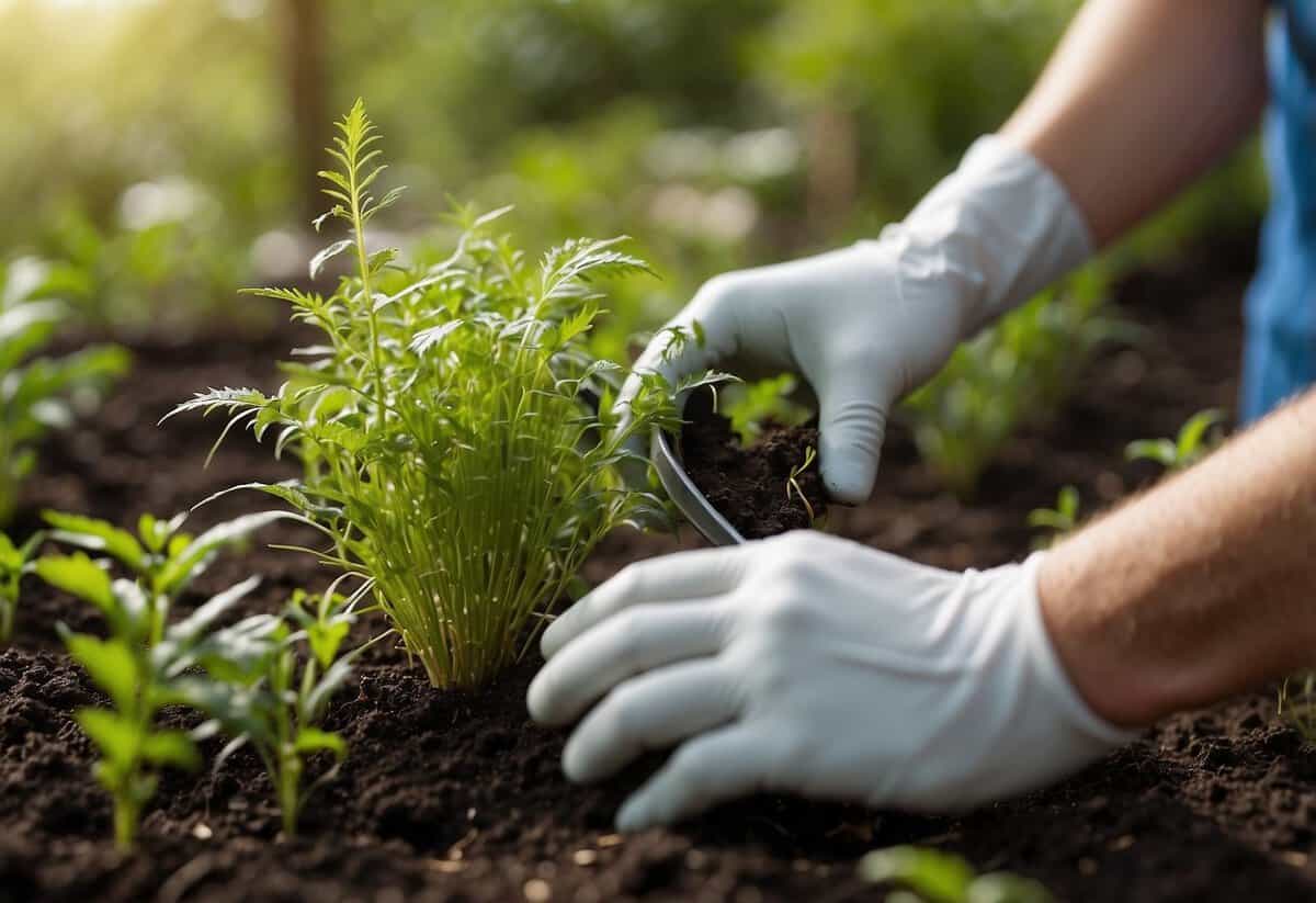 A garden bed with various types of weeds being pulled by a gloved hand using different tools such as a hand trowel or weeding fork