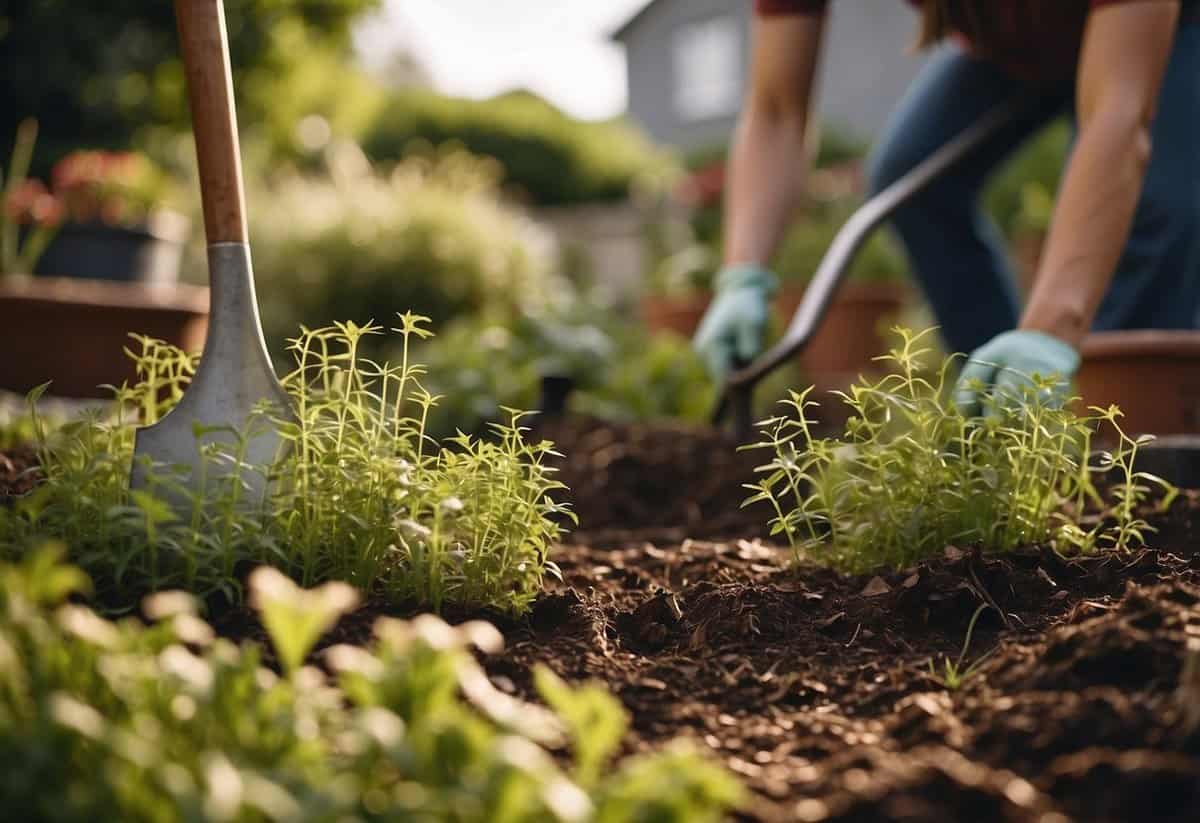 A garden with healthy plants surrounded by mulch and fabric barriers, with minimal visible weeds. A person using a hoe or hand tool to remove a few stray weeds