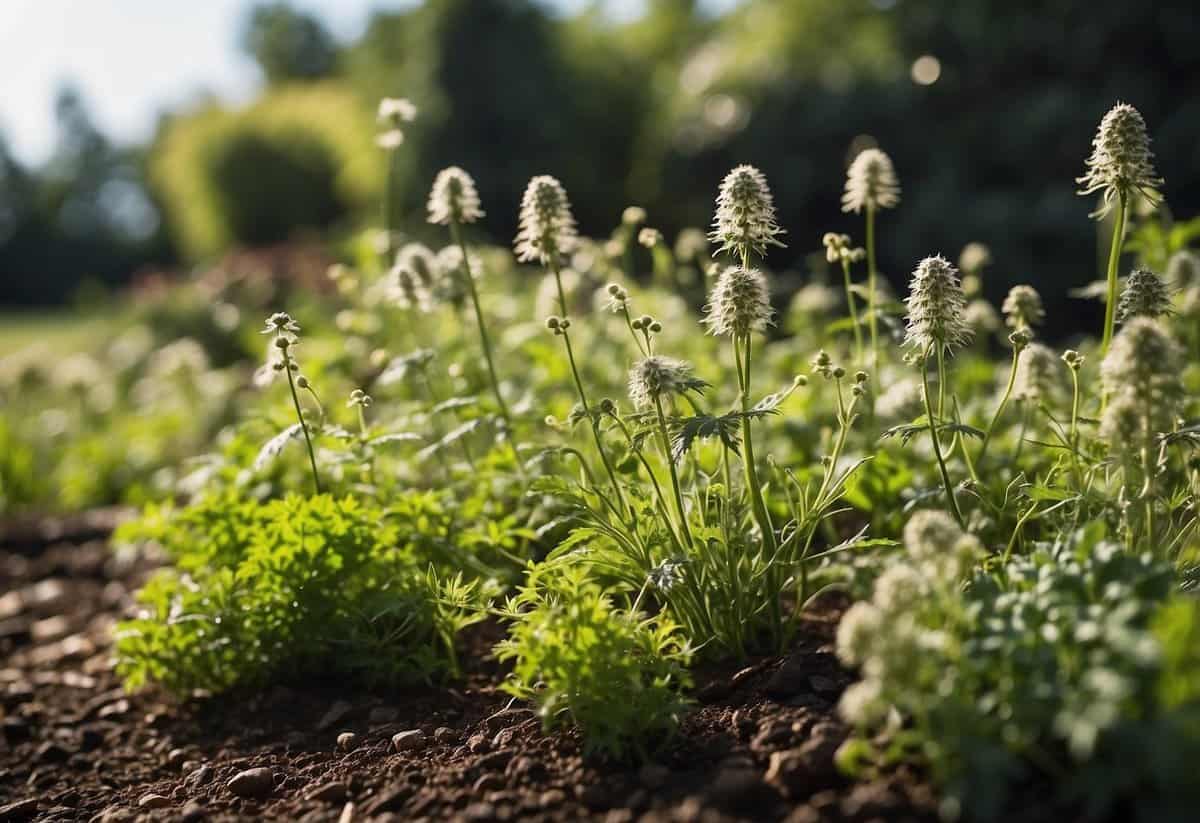 A garden filled with various types of weeds, some small and newly sprouted, others tall and overgrown. The contrast between the weed-infested areas and the neatly maintained sections is evident, highlighting the importance of weed management