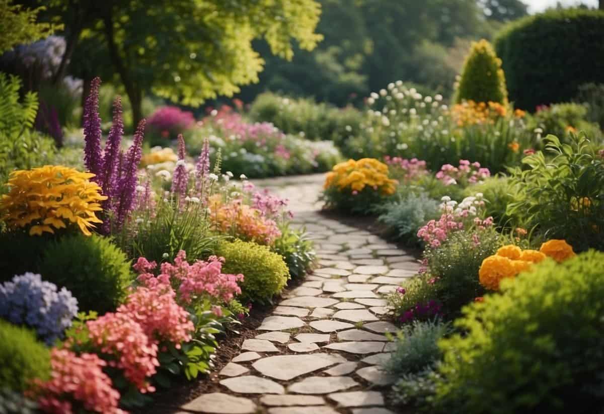 A lush garden with colorful flowers, winding paths, and unique plant arrangements showcases the creativity of the gardener