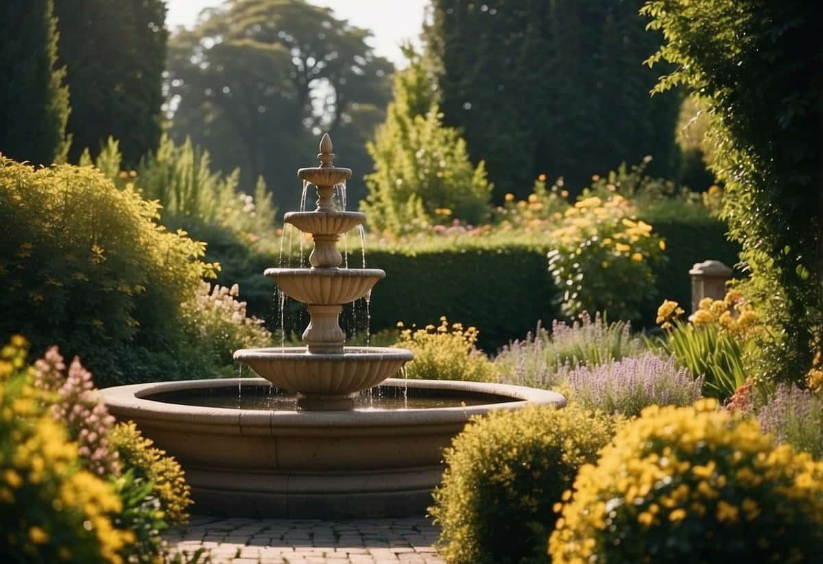 A lush garden with winding paths, vibrant flowers, and sculpted hedges. A fountain glistens in the sunlight, adding a sense of tranquility to the scene