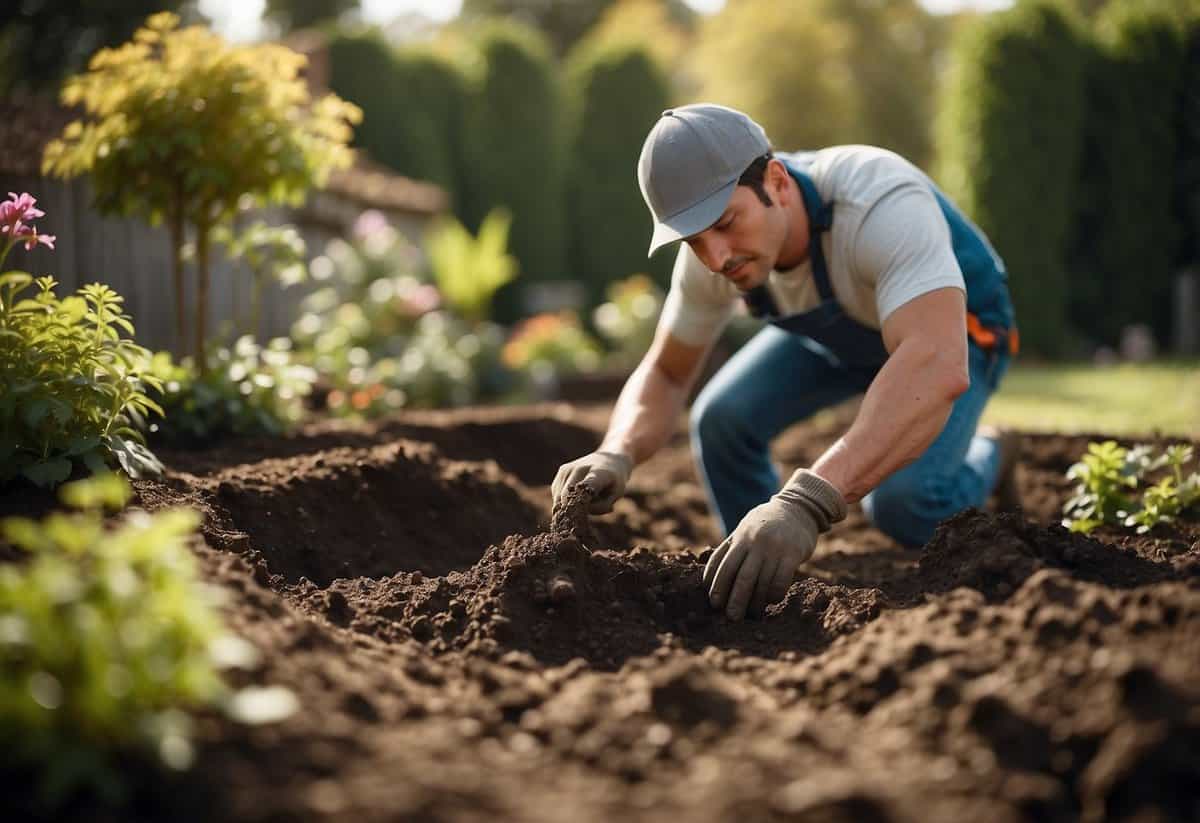 A figure digs holes in a garden, using proper gardening techniques. The repetitive motion provides physical exercise