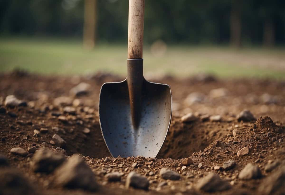 A shovel digs into the earth, creating a deep hole. The surrounding ground is uneven, with scattered dirt and rocks