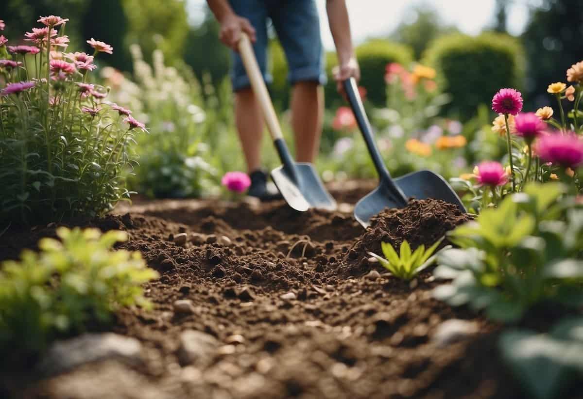 A garden with a variety of plants and flowers. A person is digging holes with a shovel, surrounded by a peaceful and serene atmosphere