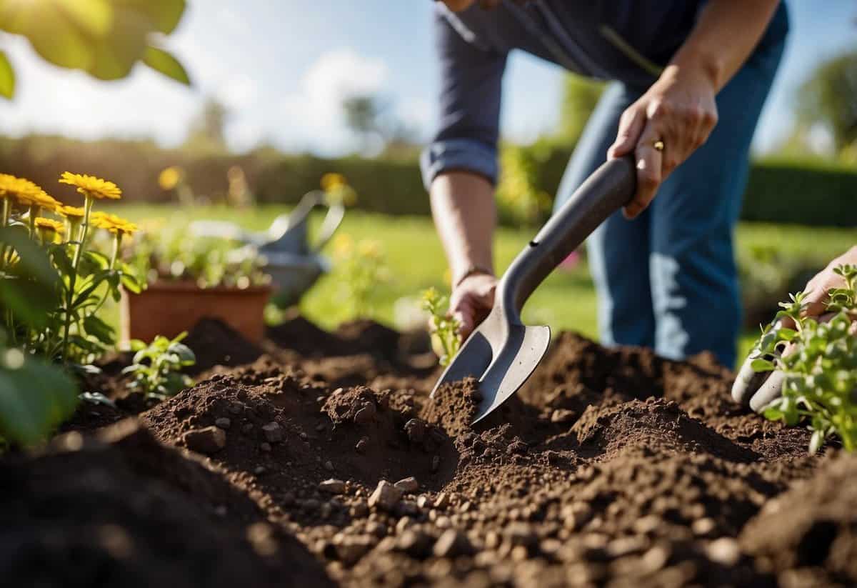 A person digging holes in a garden, surrounded by gardening tools and plants, with a clear blue sky and sunshine overhead