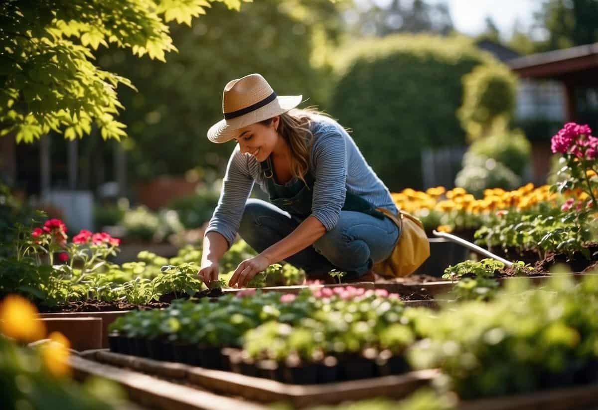 A person tends to a garden, digging, planting, and watering plants. The sun shines down, casting shadows on the vibrant green leaves and colorful flowers