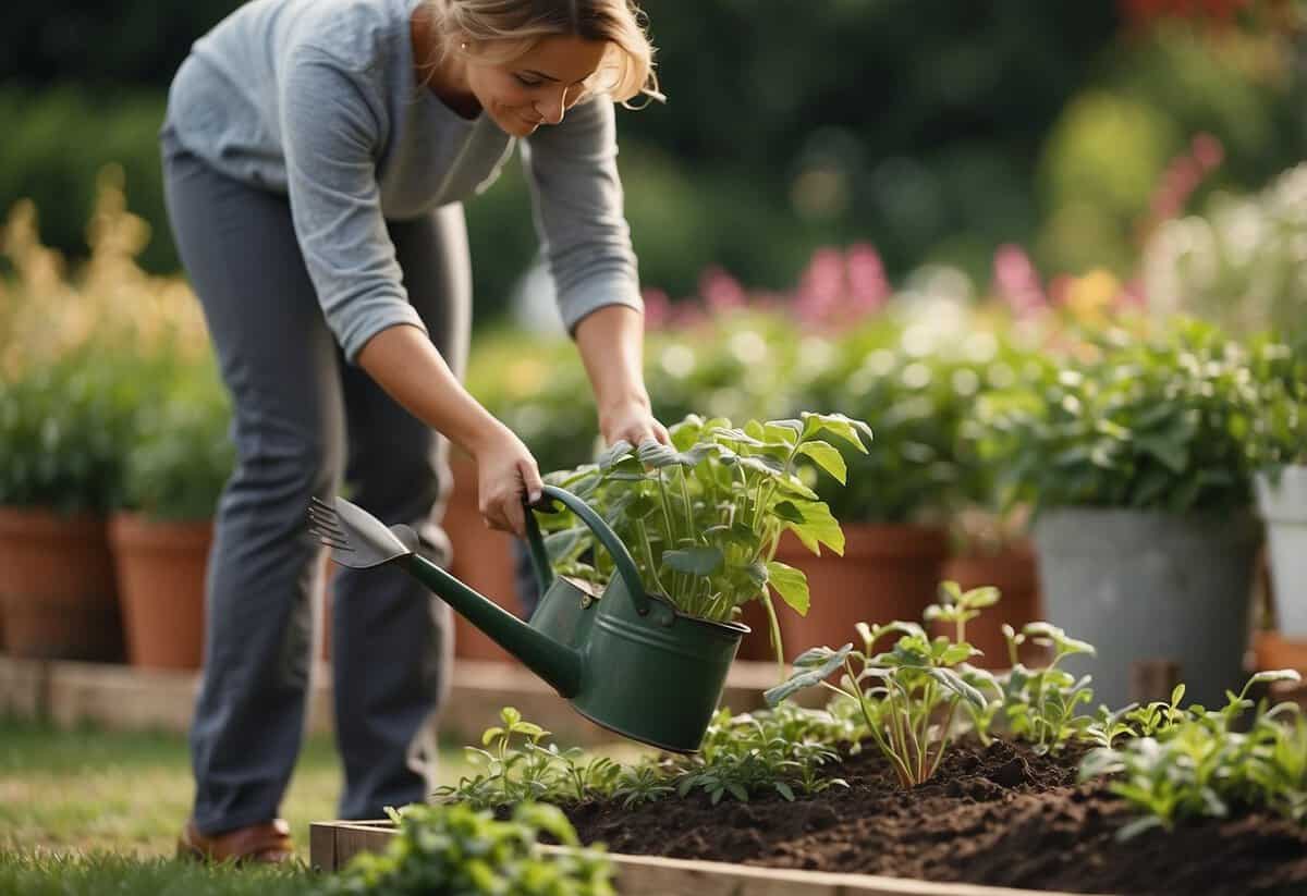 A person tending to a variety of plants in a garden, using a shovel to dig, a watering can to hydrate, and bending and reaching to tend to different areas of the garden