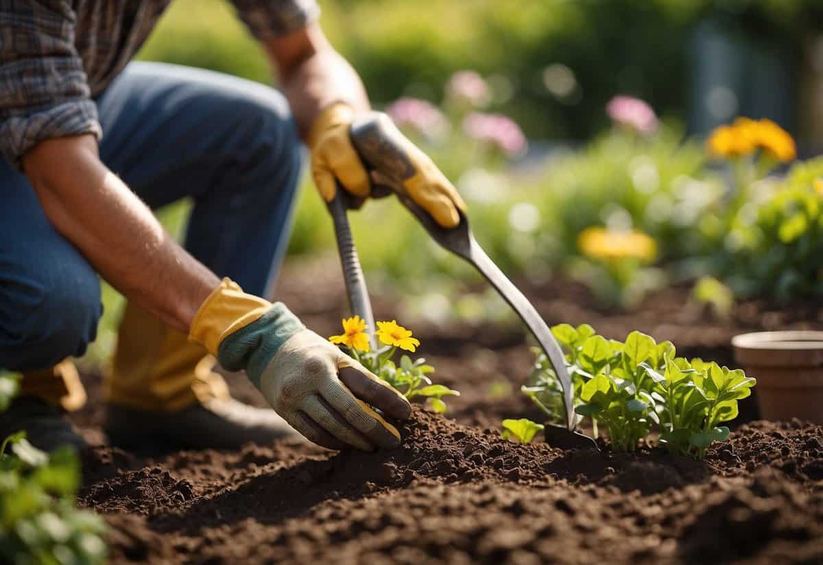 A garden with various tools, plants, and soil. The sun shines as the gardener works, bending and lifting, tending to the earth