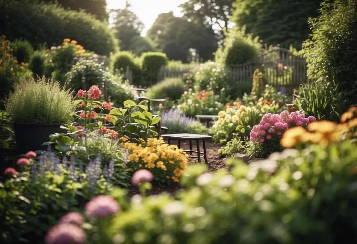 A garden with vibrant flowers, lush greenery, and a variety of plants, showcasing the physical activity and mental relaxation of gardening