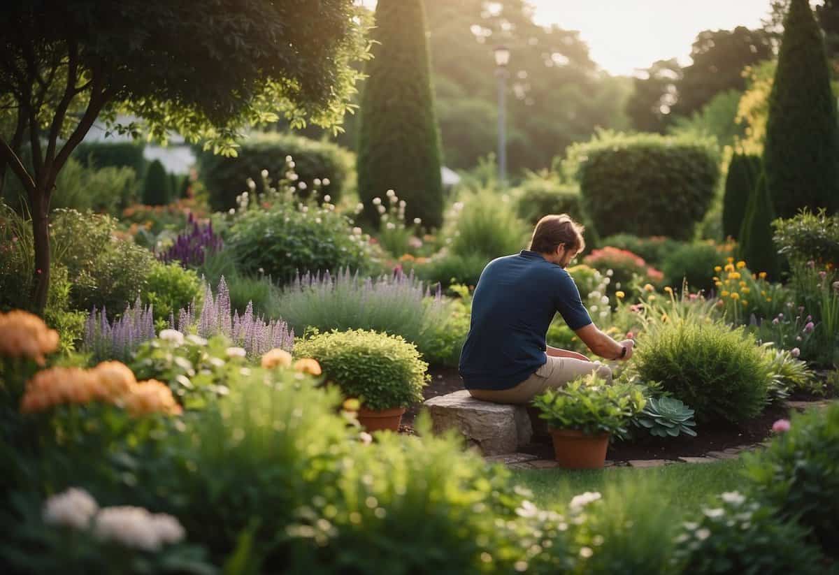 A tranquil garden with vibrant plants and a peaceful atmosphere. A person is tending to the garden, surrounded by the calming sounds of nature