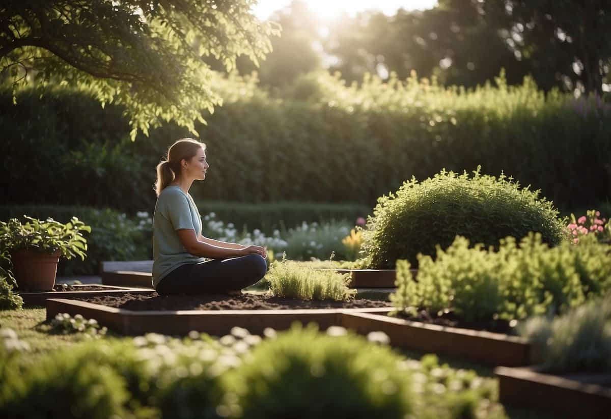 A tranquil garden with neatly arranged plants and a peaceful atmosphere, with a person's silhouette in the distance practicing meditative gardening