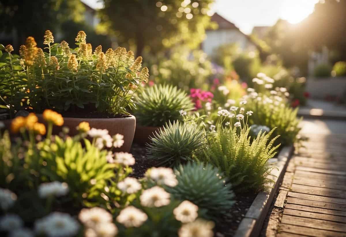 A peaceful garden with various plants and flowers, surrounded by a diverse community. The sun is shining, and there is a sense of calm and connection in the air