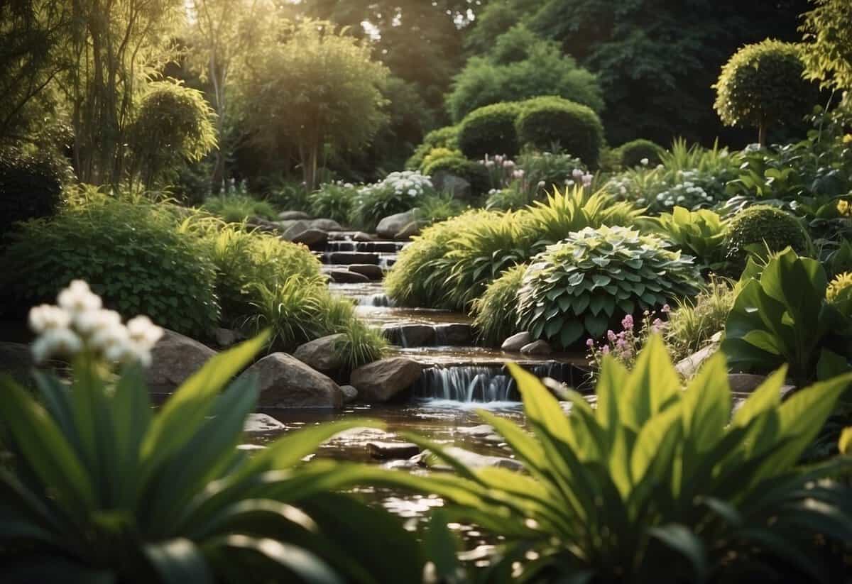 A lush garden with diverse plants, flowing water, and natural elements, creating a harmonious and balanced ecosystem