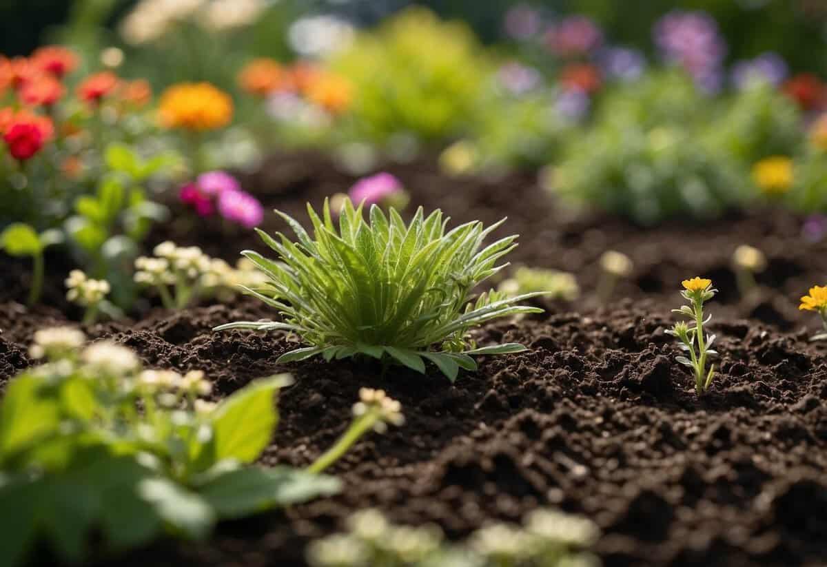 A diverse garden with healthy soil, vibrant plants, and a balanced ecosystem. Various plant species, compost, mulch, and beneficial insects contribute to the overall health of the garden