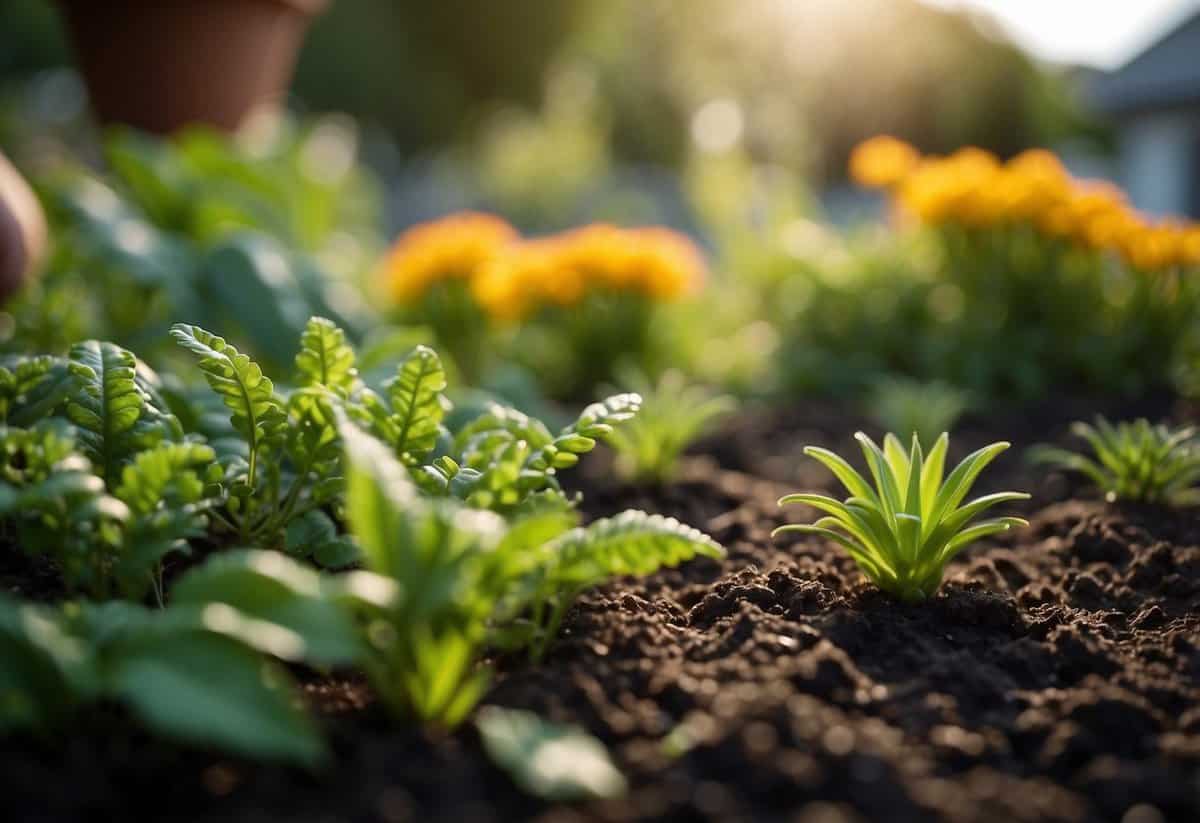 A vibrant garden with diverse plants, healthy soil, and natural pest predators. No chemical sprays or synthetic fertilizers in sight