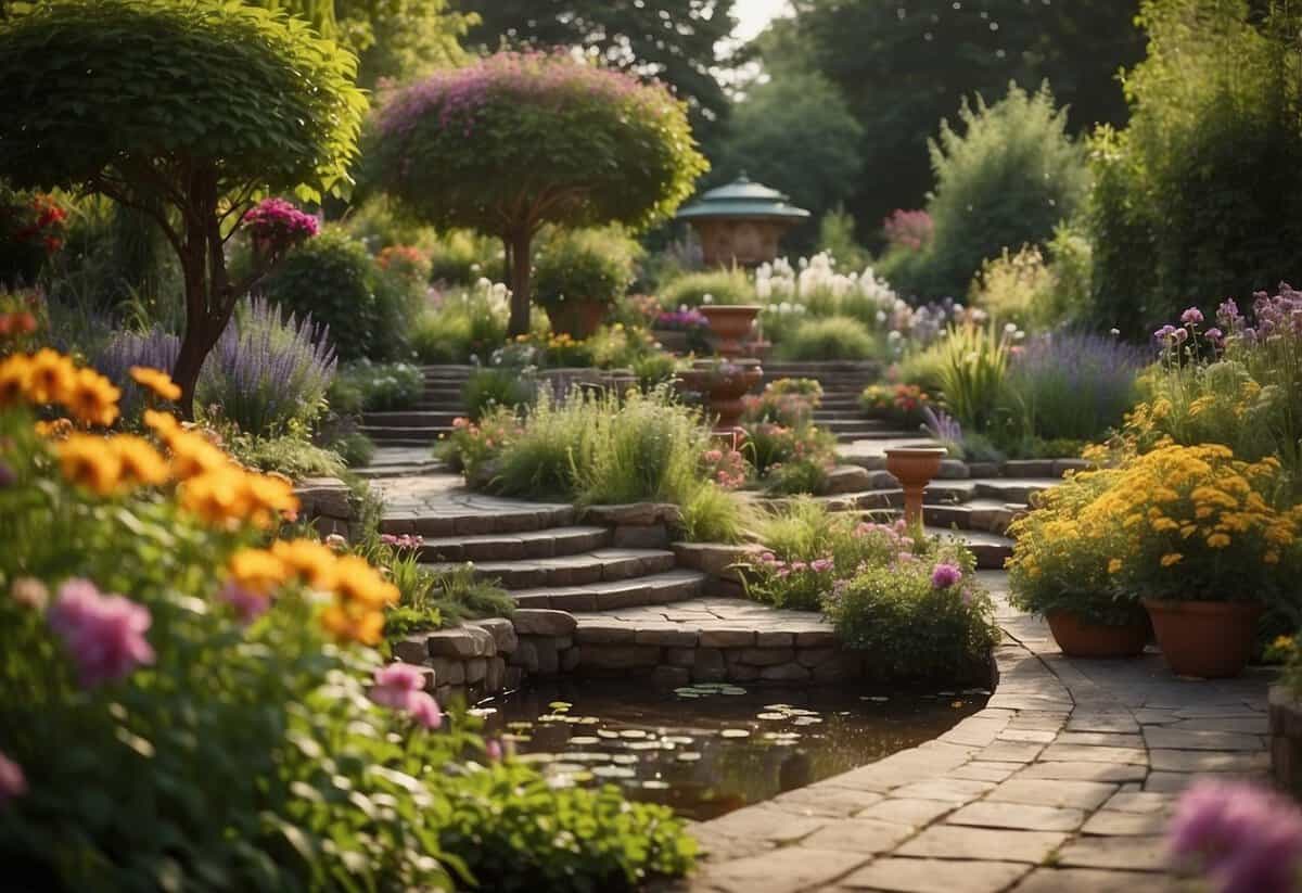 A lush garden with colorful flowers, aromatic herbs, and tranquil water features surrounded by winding paths and comfortable seating areas