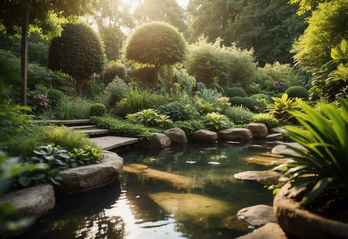 A lush garden with diverse plant life, natural materials, and flowing water features. The space is filled with sunlight and fresh air, creating a sense of tranquility and connection to nature