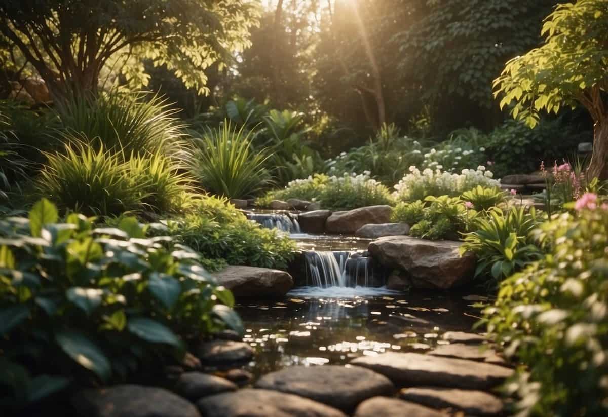 Lush garden with diverse plant life, natural materials, and flowing water features. Sunlight filters through the foliage, creating dappled patterns on the ground