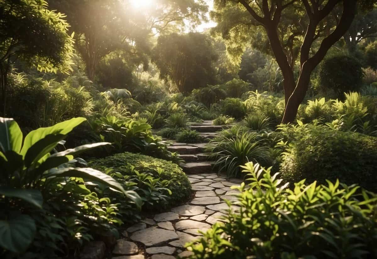 A lush garden with diverse plant life, natural materials, and flowing water features. Sunlight filters through the foliage, creating dappled patterns on the ground