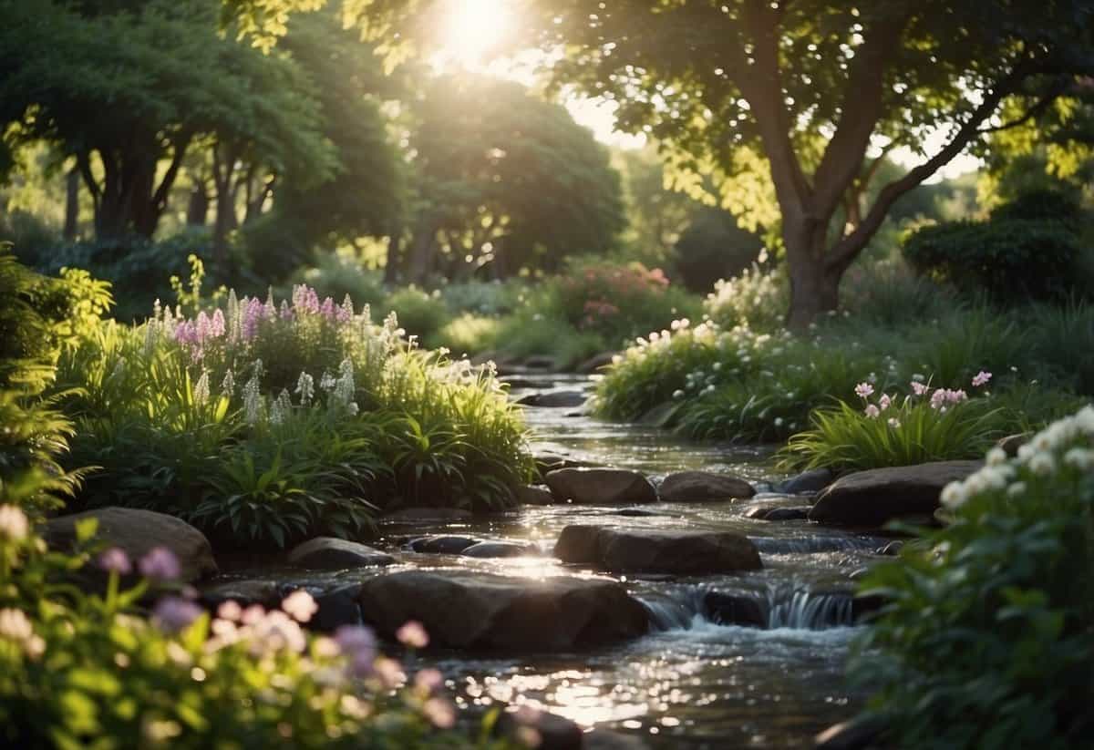 Lush greenery and colorful flowers fill a tranquil garden. Sunlight filters through the trees, creating dappled patterns on the ground. A gentle stream winds through the space, adding a sense of serenity