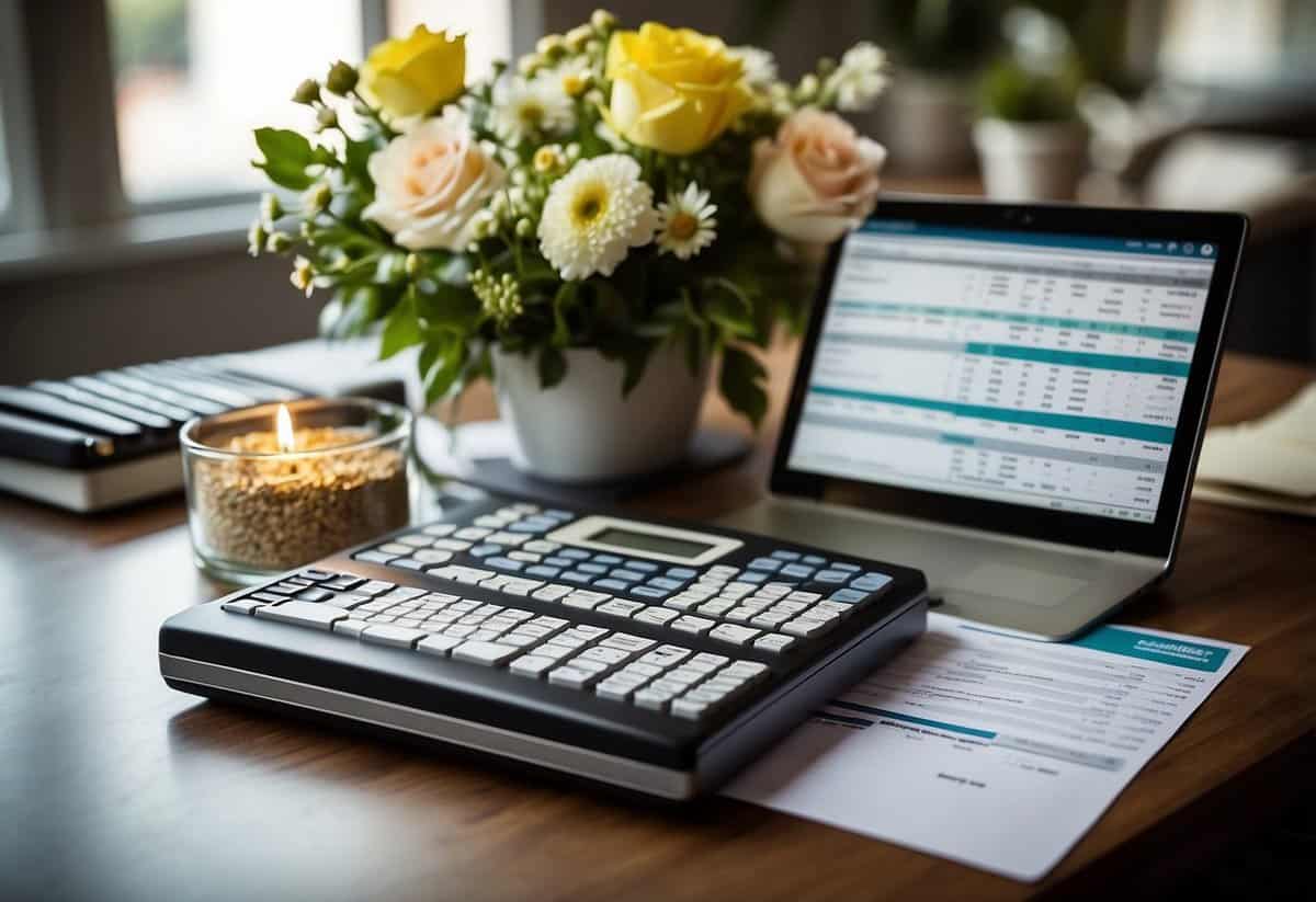 A table displays a spreadsheet with florist earnings data. Charts and graphs illustrate income and expenses. A cash register and flower arrangements are visible in the background