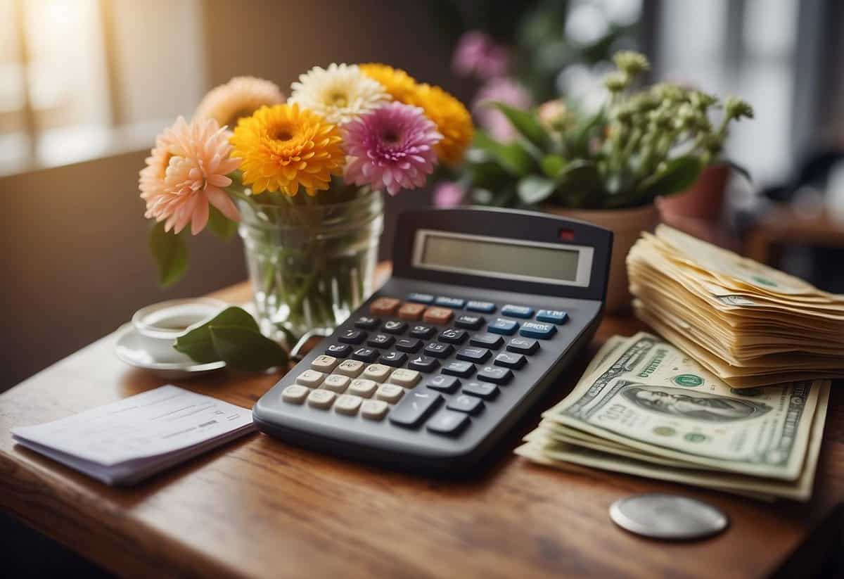 A florist's income is depicted through a stack of cash and a financial report on a desk, surrounded by colorful flower arrangements and a calculator