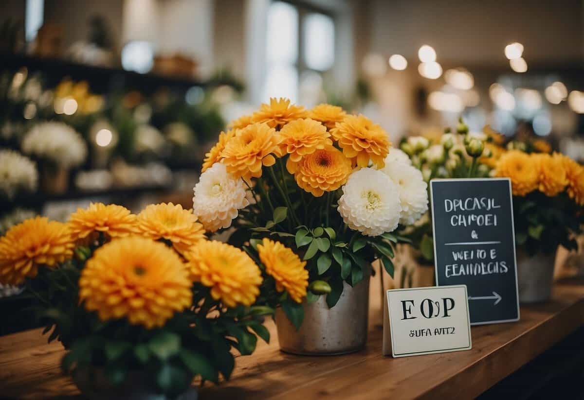 Floral shop with various arrangements, price tags, and a sign advertising "Advancement and Additional Earning Opportunities."