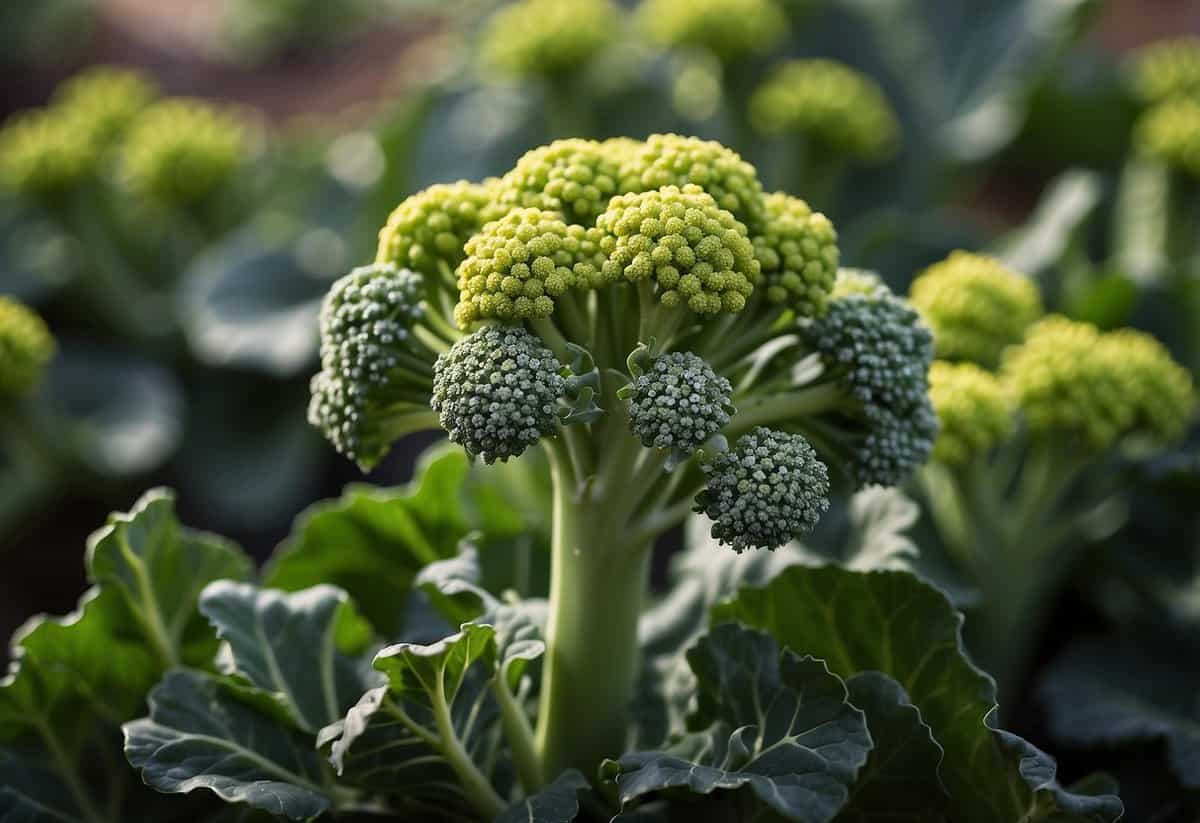 A colorful broccoli plant stands tall, with vibrant green leaves and a cluster of small, tightly packed flower buds at its crown