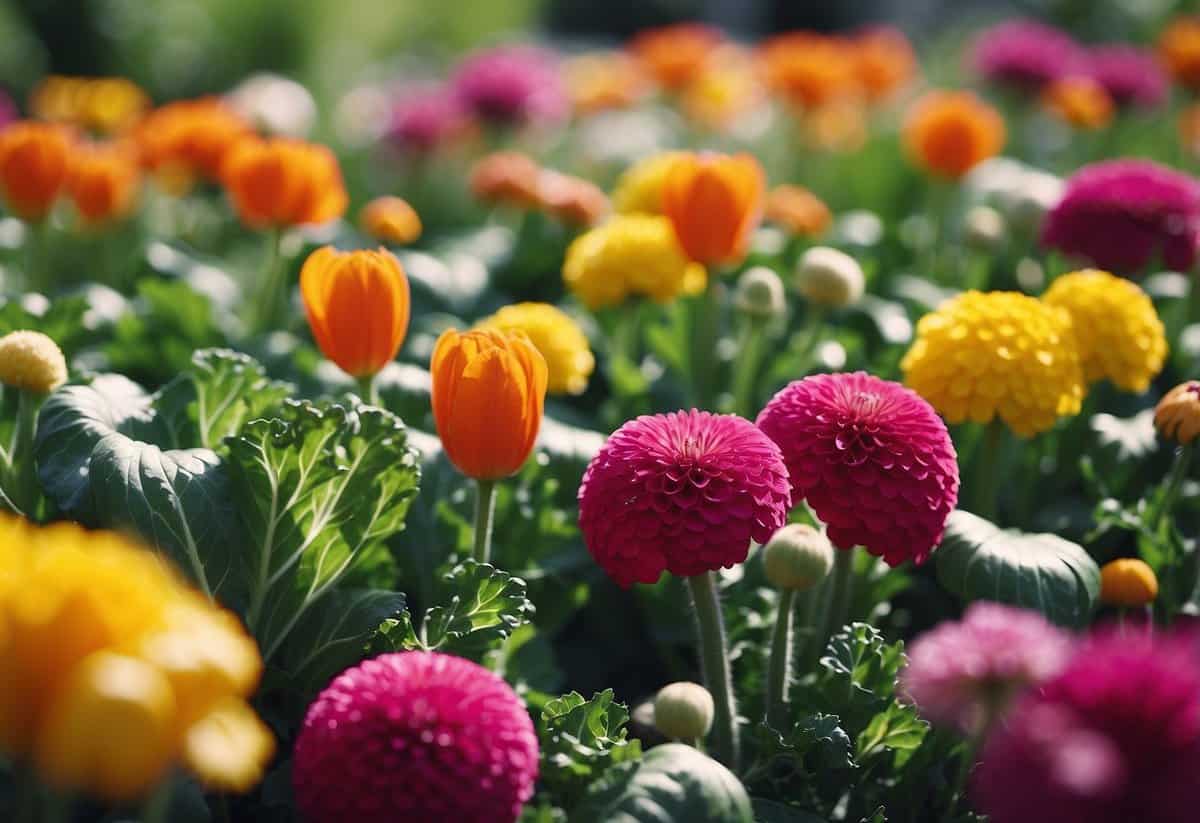 A vibrant garden with colorful flower vegetables in bloom, showcasing their nutritional benefits