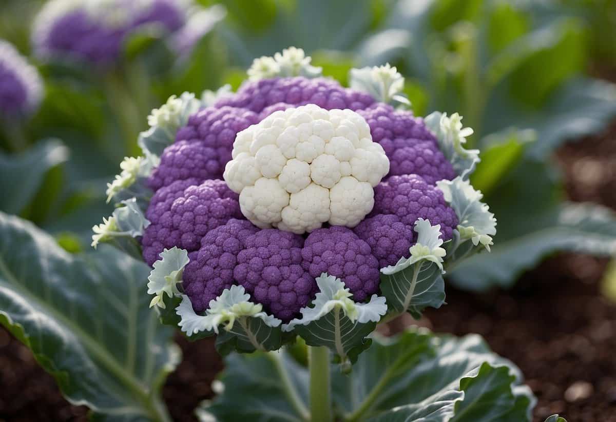 A blooming cauliflower plant stands out in a garden patch, showcasing its vibrant purple or white florets