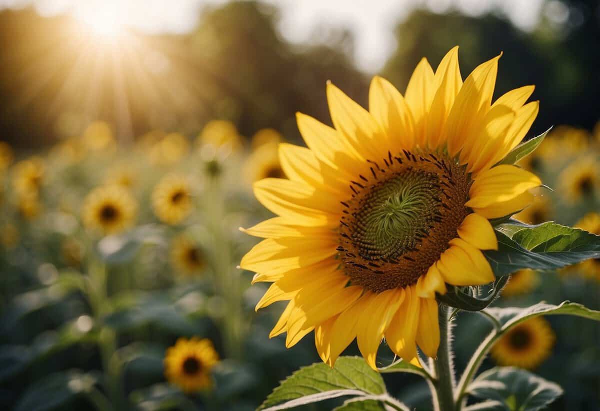 A vibrant sunflower stands tall in a garden, its large yellow petals radiating in the sunlight. Bees buzz around, drawn to the flower's nectar