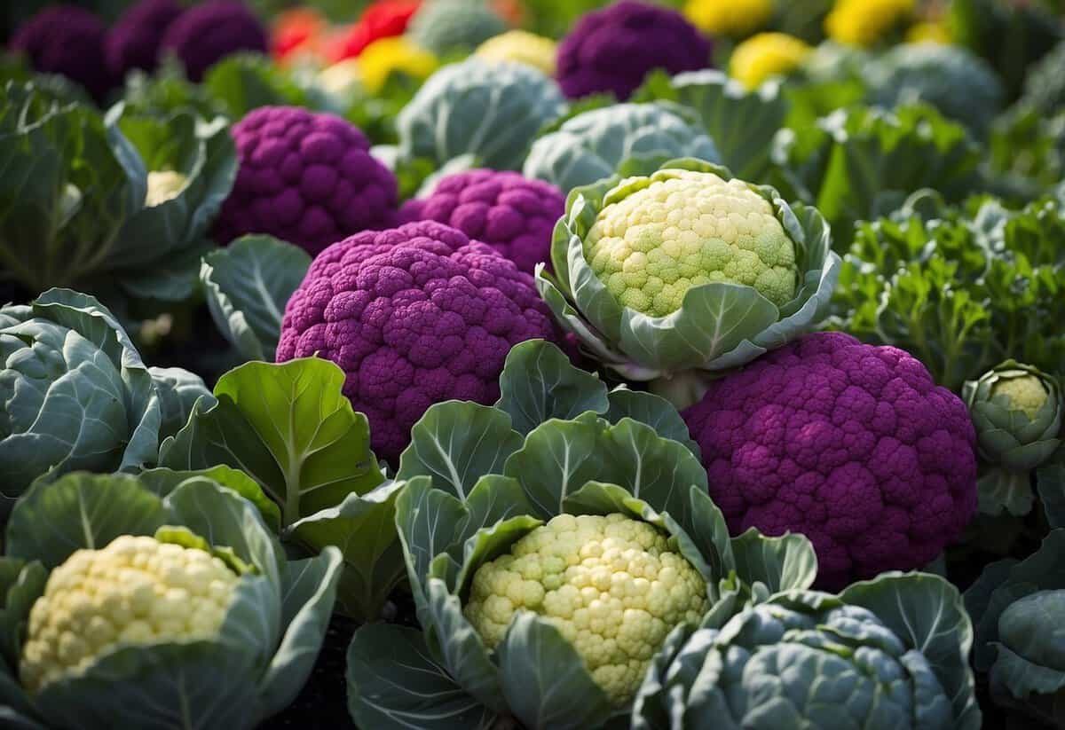 A garden filled with colorful cauliflower, broccoli, and artichokes, showcasing diverse flower vegetables