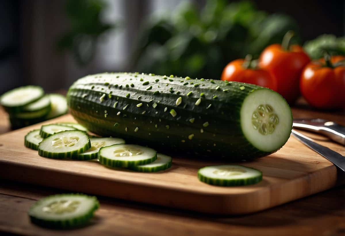 A cucumber is placed on a cutting board next to a knife and a pile of fresh vegetables. The cucumber is sliced open, revealing its juicy interior and seeds